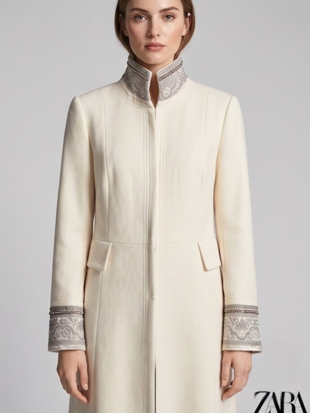 ZARA Collection Wool Blend Embellished Collar & Cuff Long Coat Cream - Picture 2 of 15